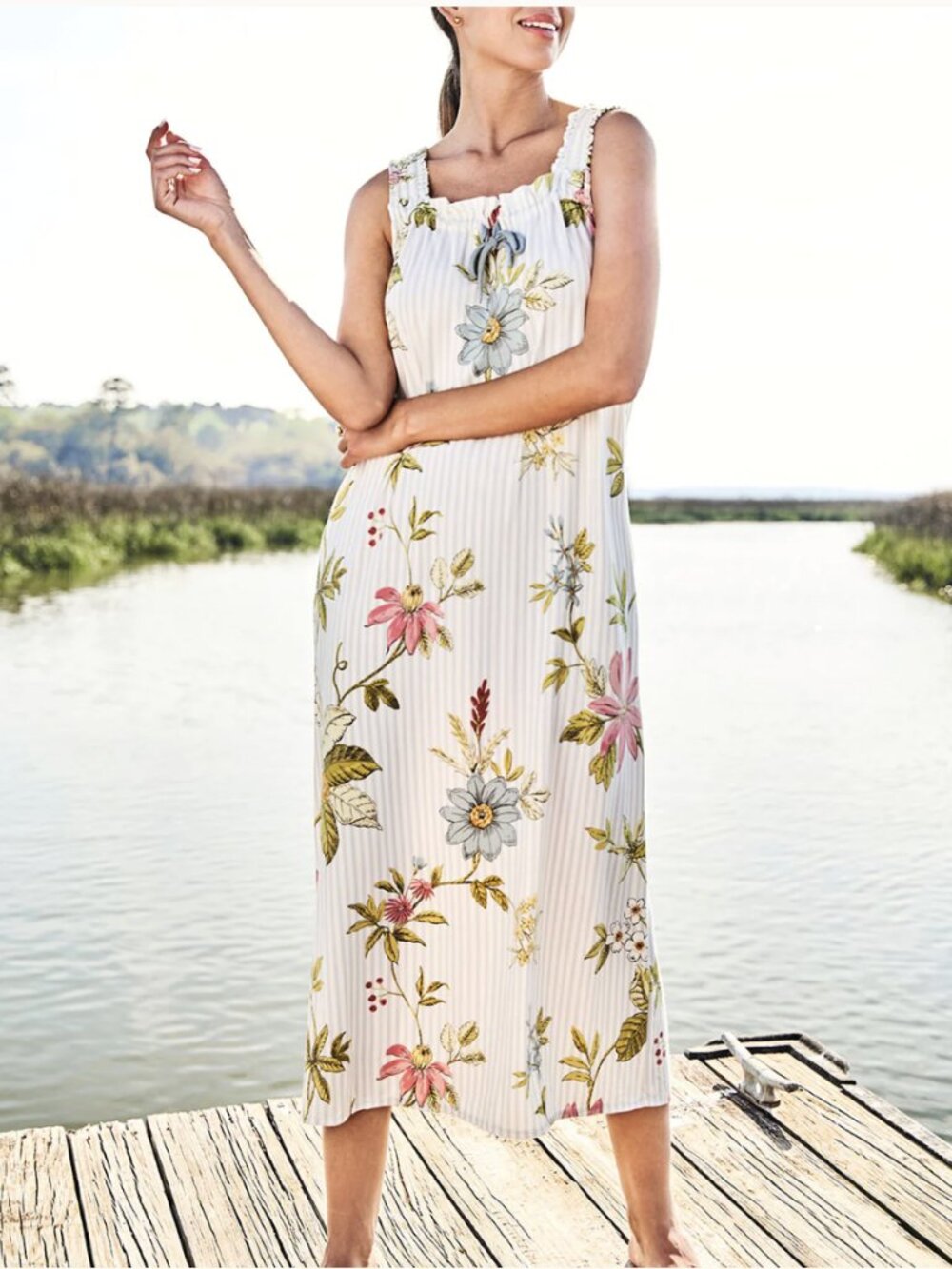 Spartina 449 Sleeveless Nightgown XL Floral Vine Stripe Blue Comfort Cozy Pocket